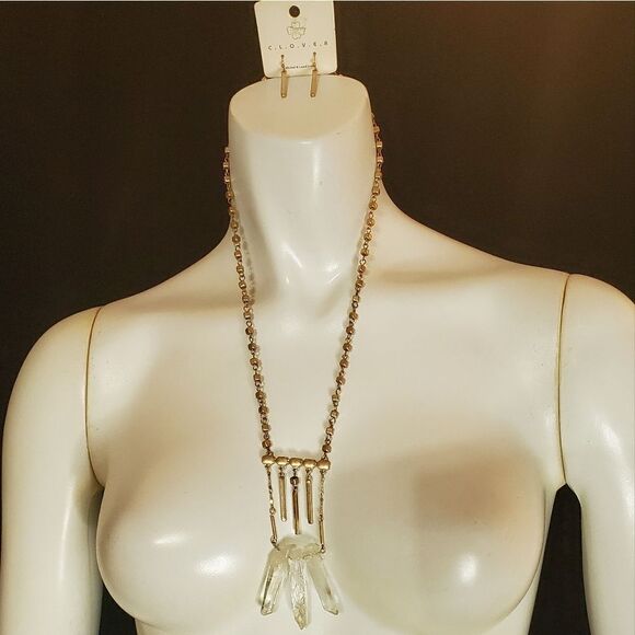 NWT Clover Gold & Clear Quartz Crystal Necklace & Earrings Set - Picture 1 of 3